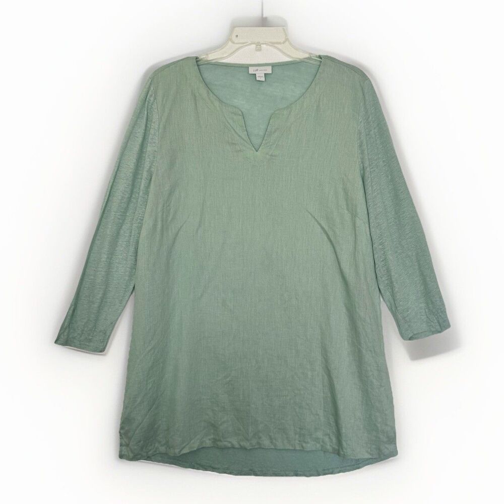 J. Jill Love Linen Blouse Sz L 3/4 Sleeve 100% Linen Mint Green Mix Tunic Top
